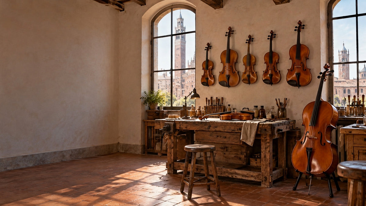 Atelier de luteria em Cremona com violinos e viola na parede