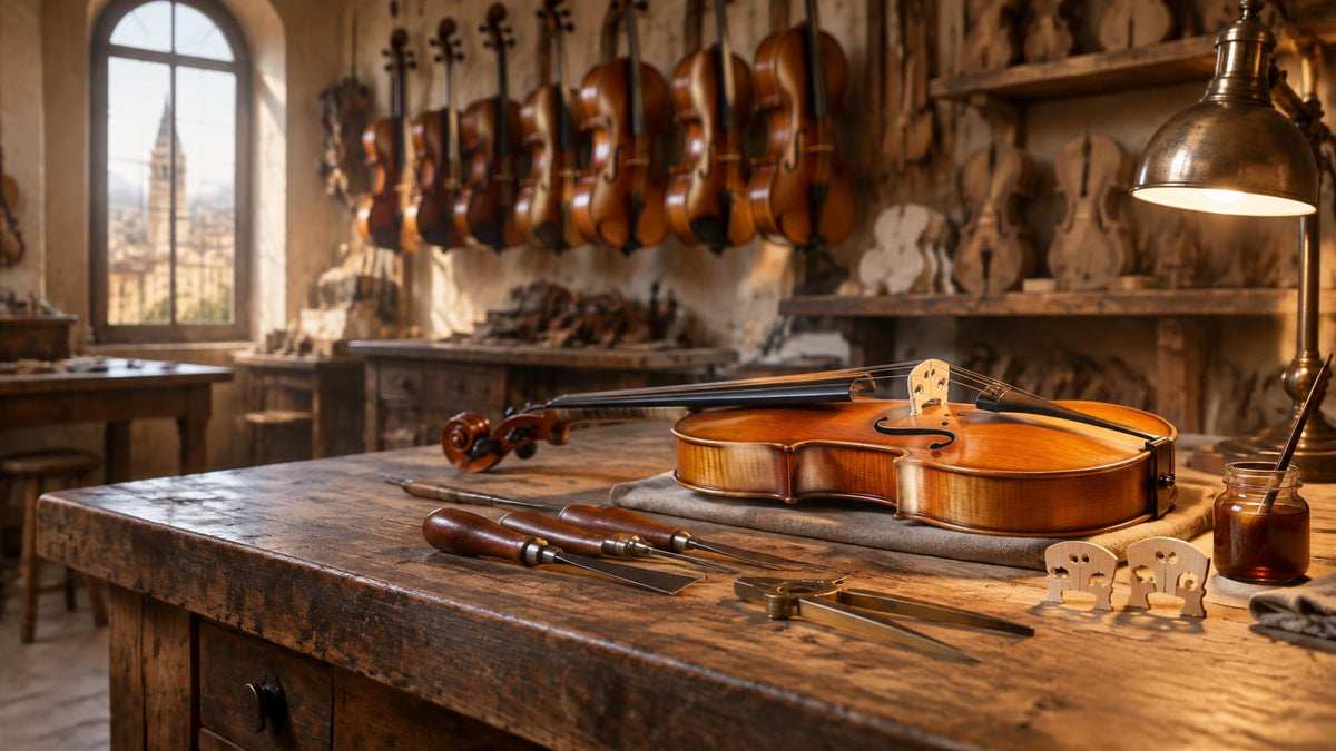Bancada do atelier de luteria com violino em ajuste e violinos pendurados junto à janela